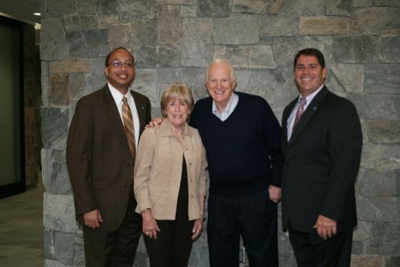 Wendy and Dick O’Toole, center, are the newest members of St. Mary’s Good Samaritan Hospital’s Founders’ Society after giving a $1 million gift annuity to the hospital’s Capital Campaign. The emergency wing of the new hospital, opening Nov. 25 at 5401 Lake Oconee Parkway, will be named in their honor. They are pictured in the new hospital’s atrium lobby with Good Samaritan Hospital President Montez Carter, left, and St. Mary’s Health Care System President and CEO Don McKenna, right. The Founders’ Society recognizes donors who give $50,000 or more to the hospital’s capital campaign.