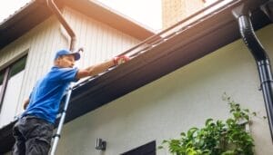 A worker wearing gloves stands on a ladder and cleans out a black gutter attached to the side of a home.