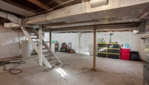 An unfinished basement features HVAC ducts, an open staircase, and neat stacks of storage bins against the wall.